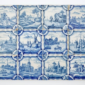 A field of 12 Dutch Delft blue and white landscape tiles, 18th C.